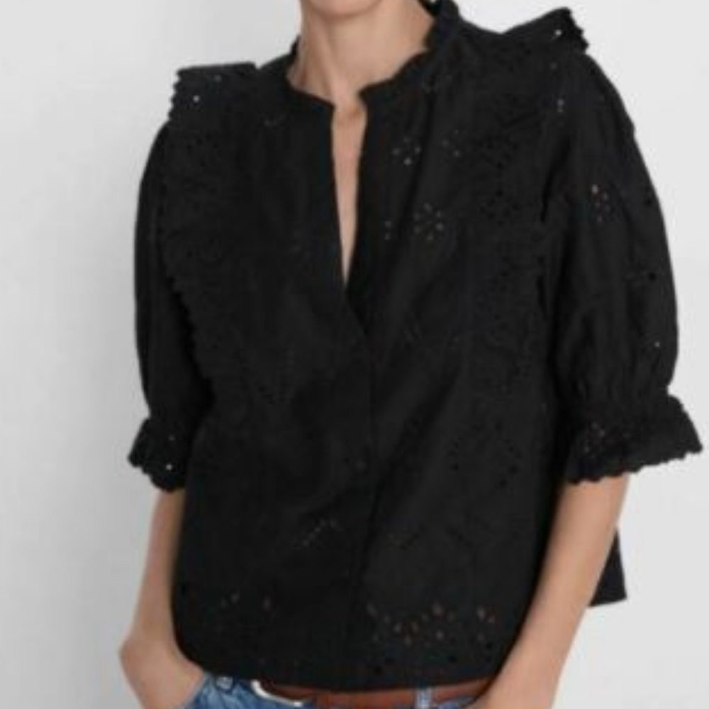 Zara Black Eyelet Blouse  Button Up. Elbow Sleeves